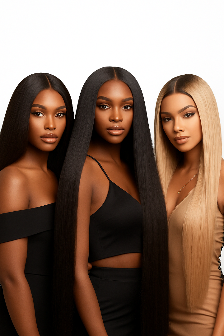 Three women with different hair colors standing together against a white background
