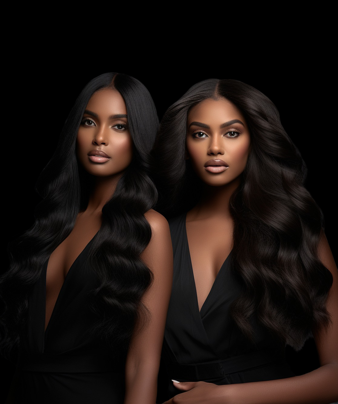 Elegant woman wearing a premium black wig, smooth straight hair, representing KingdomKrowns luxury wigs