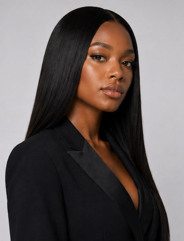 Model showcasing a natural-looking long black wig with a center part, styled sleek and straight