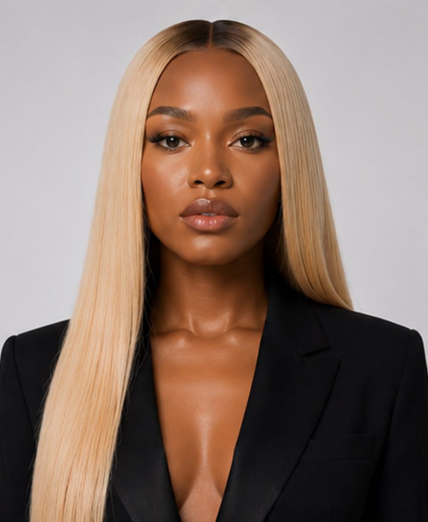 Elegant woman wearing a premium black wig, smooth straight hair, representing KingdomKrowns luxury wigs