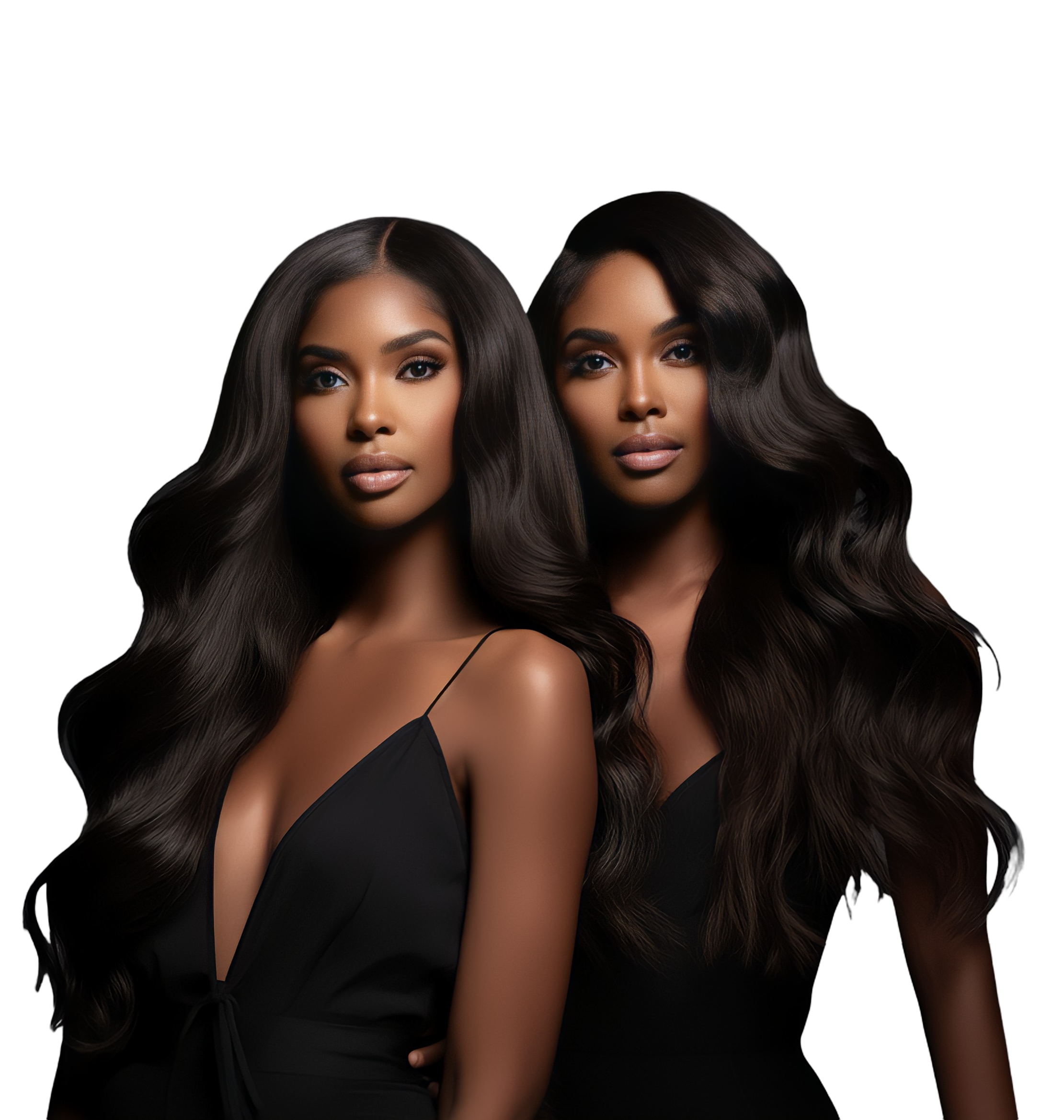 Elegant woman wearing a premium black wig, smooth straight hair, representing KingdomKrowns luxury wigs