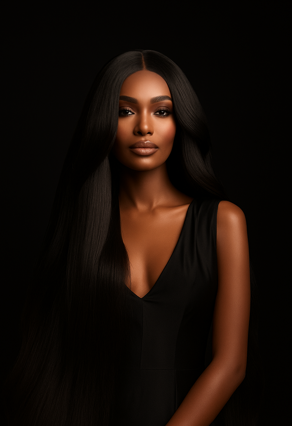 Model showcasing a natural-looking long black wig with a center part, styled sleek and straight