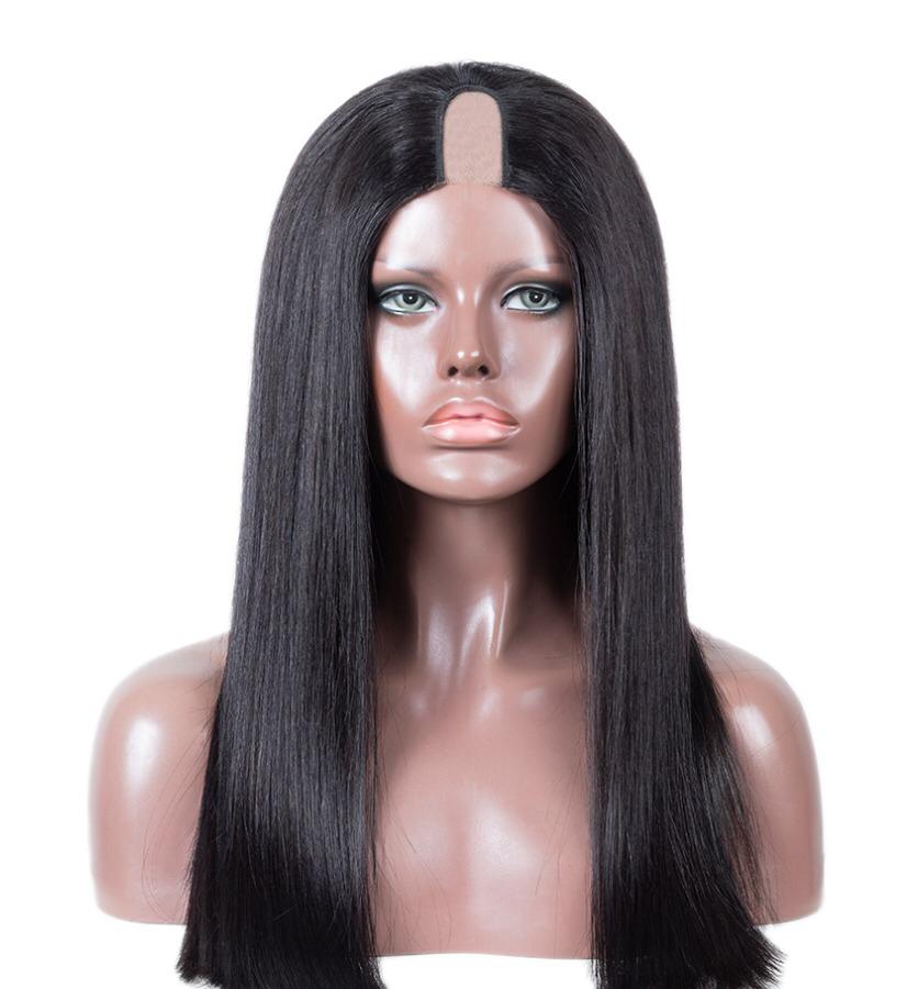 Black straight human hair wig on a mannequin head with a white background