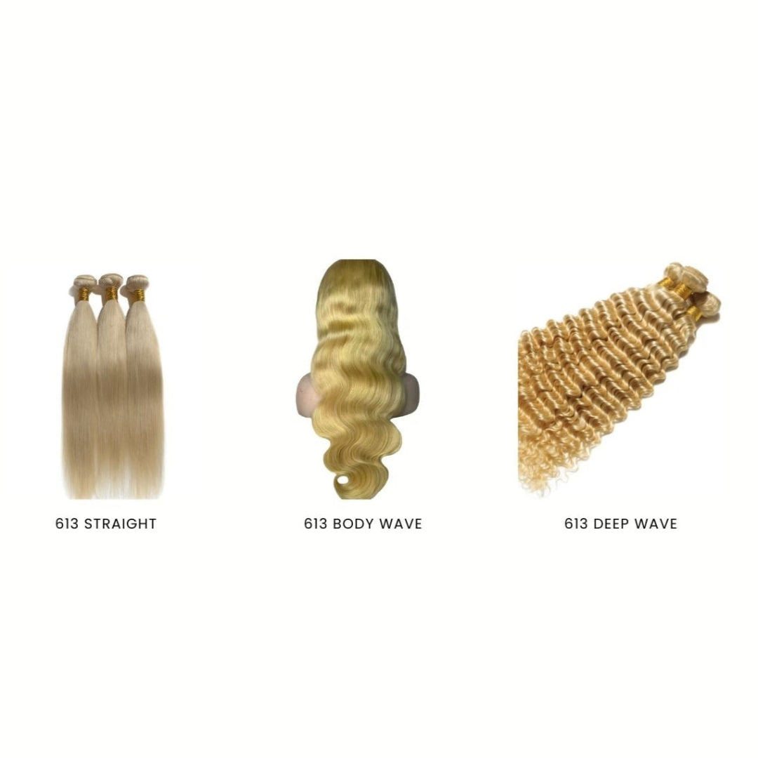 Three types of blonde human hair extensions labeled 'Straight', 'Body Wave', and 'Deep Wave' on a white background.
