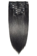 A set of clip-in human hair extensions in natural black color, displayed in a straight arrangement.