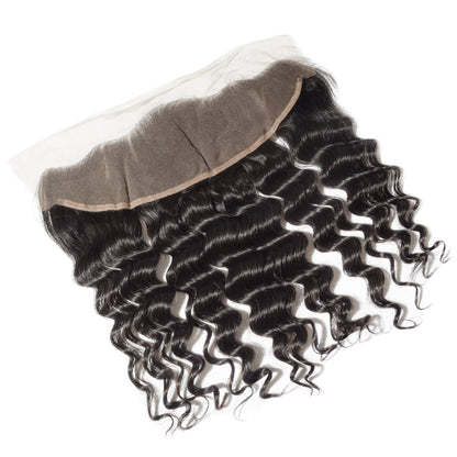 Black human hair deep waved frontals in front of a white background