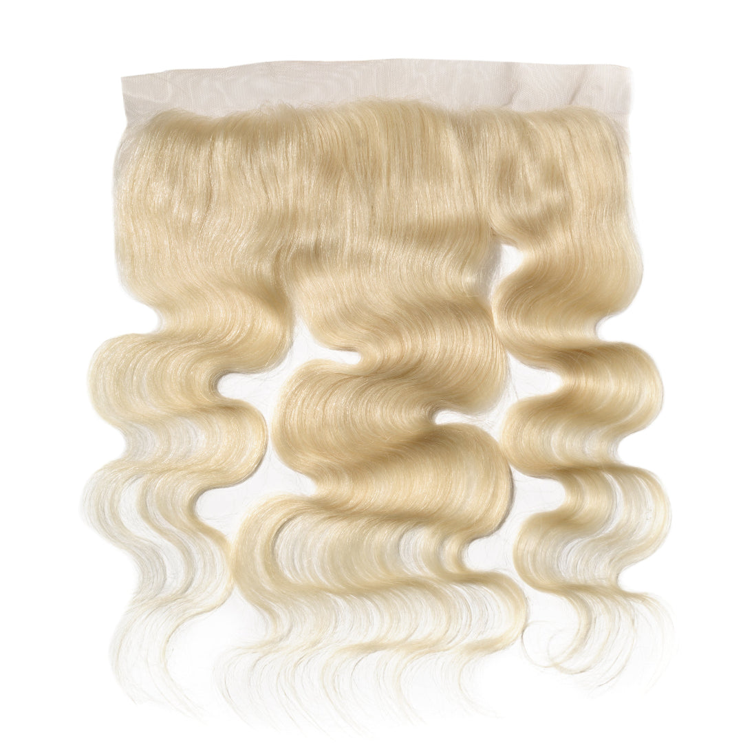 blonde waved human hair frontals with a white background
